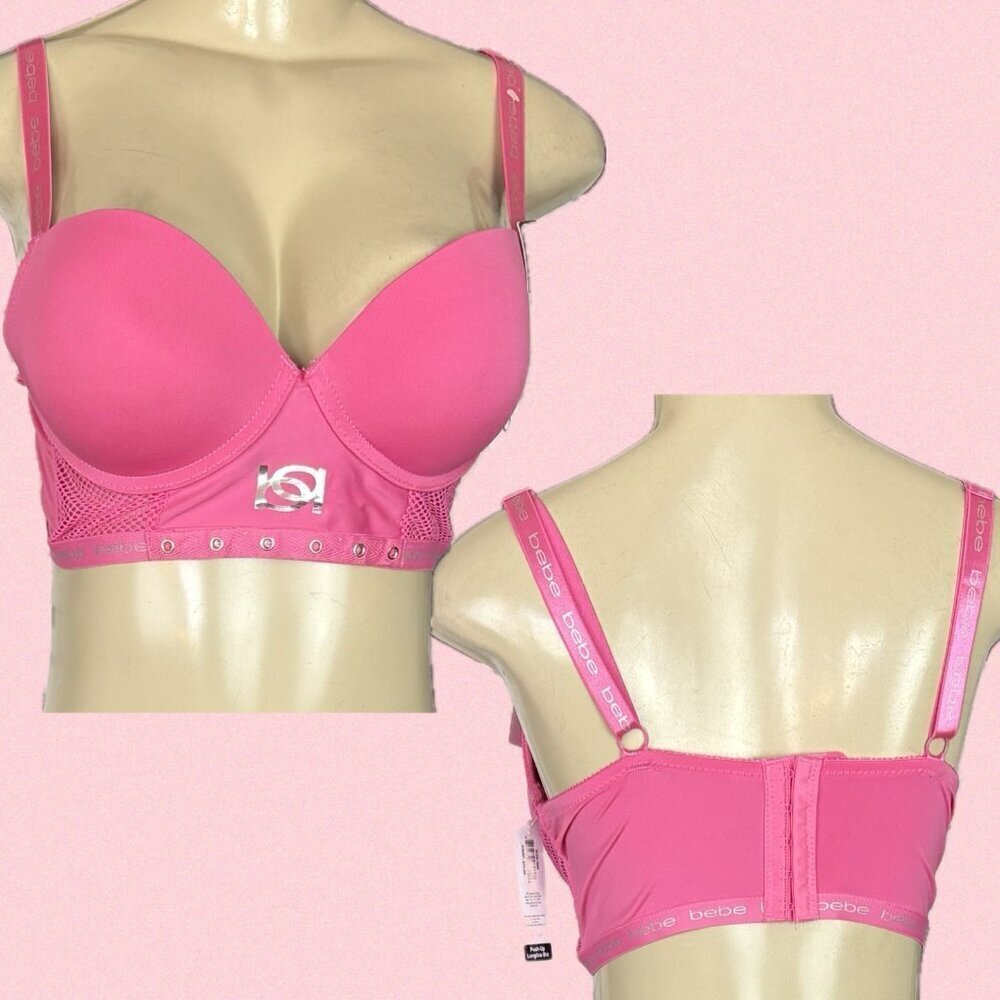 Bebe 36B Pink Pin Mesh Accent Logo Adjustable Straps Padded Longline Push-Up Bra
